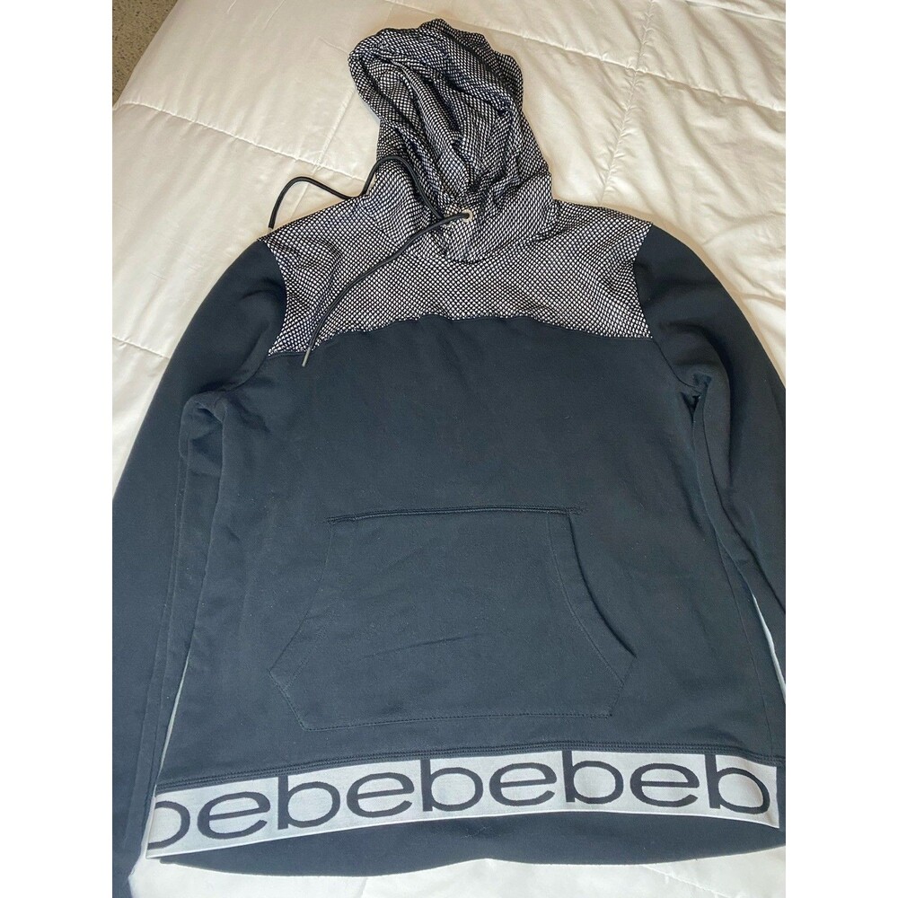 bebe Womens L Black/White Colorblock Pullover Hoodie Mesh Hood Logo Pockets